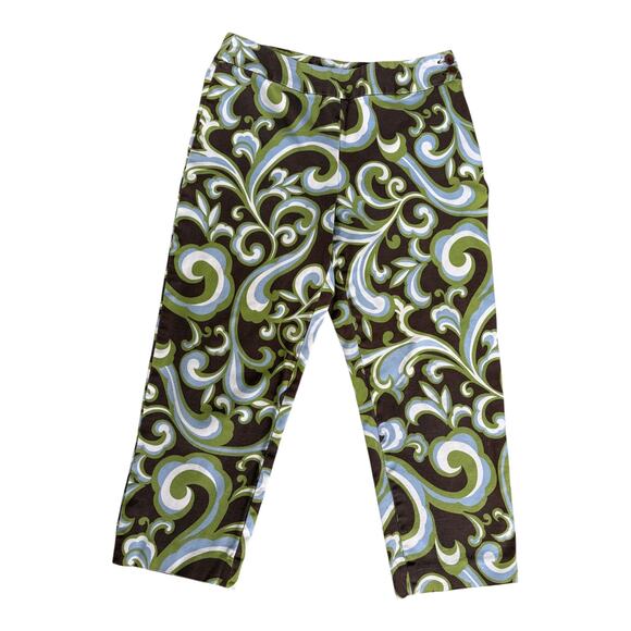 VTG Talbots Retro Swirl Capri Pants Green Blue Brown Cotton Stretch Y2K Funky 6P - Picture 1 of 6